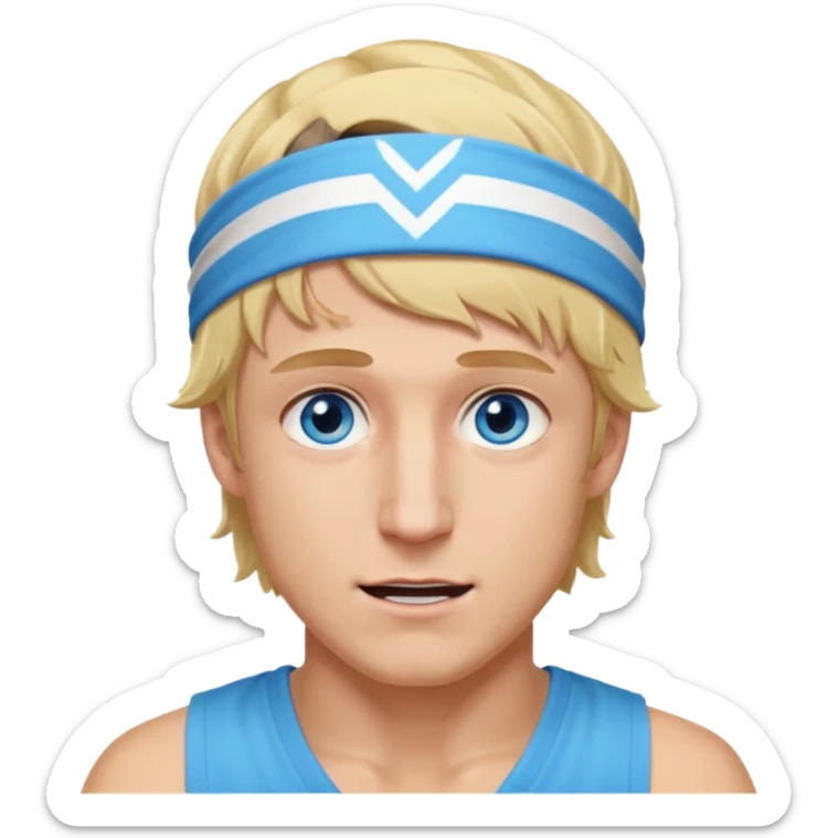 Logan Paul emoji, blonde hair, blue eyes, wearing a Maverick headband, energetic expression sticker