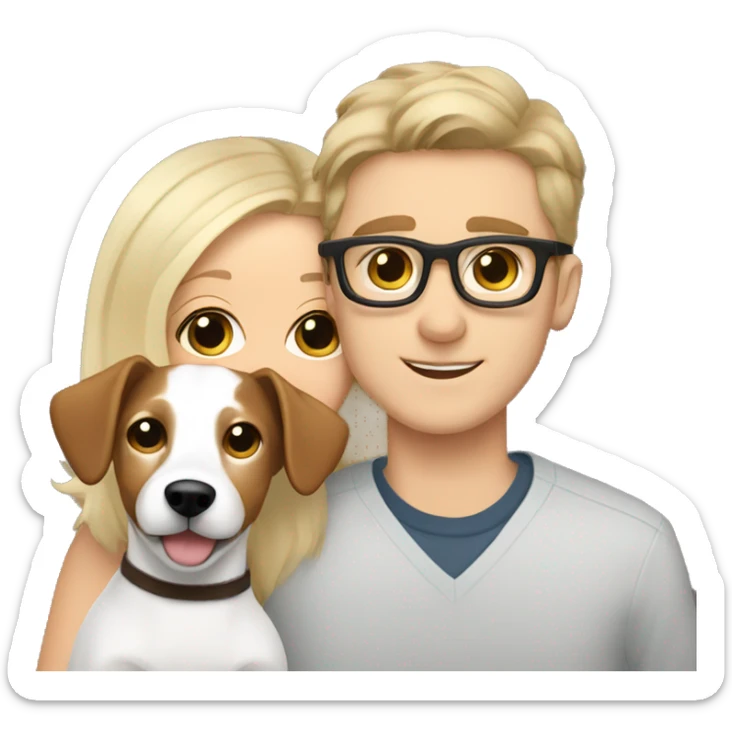 Blonde girl and her white boyfriend with brown hair and glasses cuddling a jack Russell  sticker