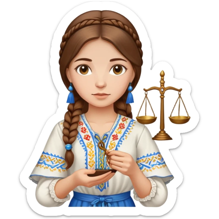 Ukrainian girl with brown hair wearing a traditional embroidered vyshyvanka shirt, holding scales of justice in her hand sticker