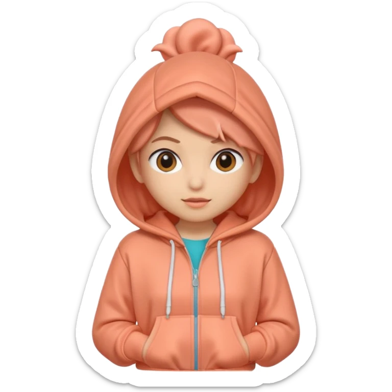 A 3D cartoon peach-coral hoodie with soft folds, drawstrings, and a casual fit, isolated plain background, Memoji-style. sticker