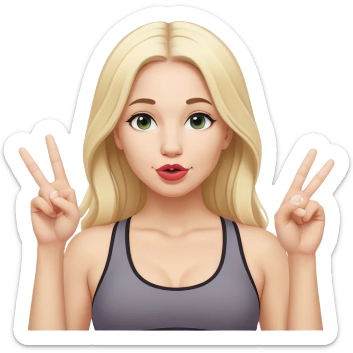 White woman wearing lululemon with blonde hair and middle part doing duck lips and sticking up peace sign with one hand  sticker