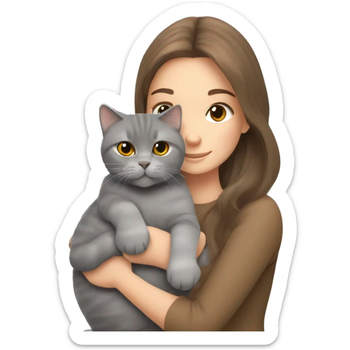 small British shorthair grey cat hugging long brown hair white woman sticker