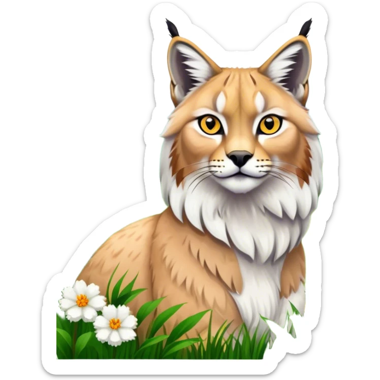 Collage of exotic animals: a lynx with striking eyes, and a fluffy alpaca standing in a lush meadow. The lynx gazes intently while the alpaca looks calm and curious. Surrounded by vibrant plants and flowers. Transparent background for a lively, colorful scene. sticker