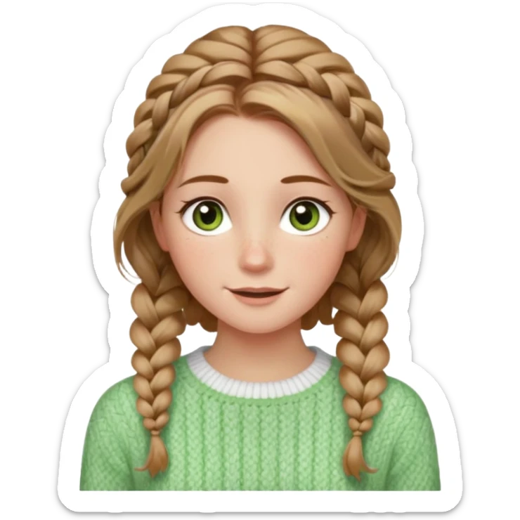 light brown hair blonde hair hazel/green eyes woman with a white cable knit sweater and one braid down her back  with tendrils of hair flowing down her face and she is happy pale, some freckles, blush. she has a cateye wing and long lashes sticker