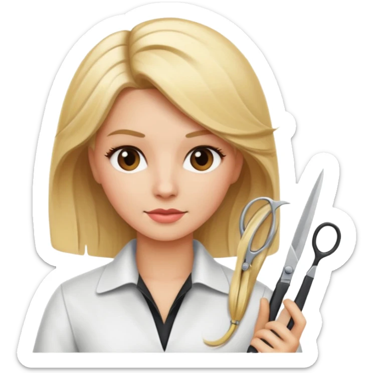 blonde hairdresser styling client's hair with scissors, iOS Apple emoji style sticker