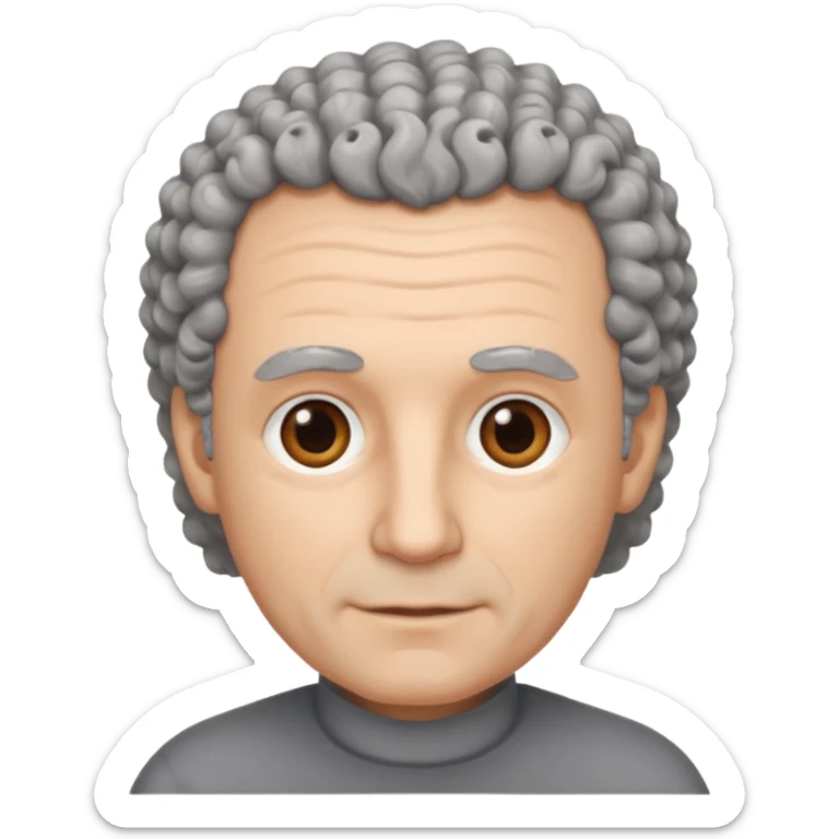 Illustrated emoji of a middle aged man with receding grey curly hair, brown eyes, white skin sticker