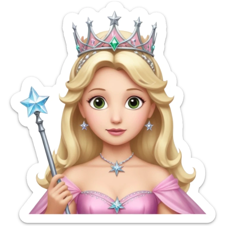 glinda the good witch from wicked movie (ariana) blonde hair, beautiful, big silver thin tiara, star wand, pink gown sticker