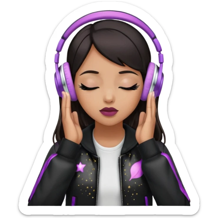 Girl with dark hair, tan skin tone,wearing a black jacket, has glitter on her eyelids, and wearing mauve lipstick, wearing white headphones, her hands are on her ears, and her eyes are close sticker