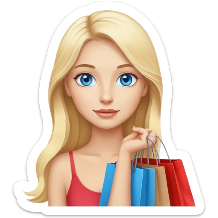 Cinematic realistic blonde with long hair, blue eyes goes shopping in her hands sticker