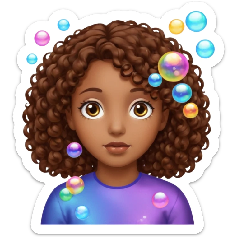 girl with brown curly hair in a side part with big brown eyes looking off to the side with bubbles on both sides of her sticker