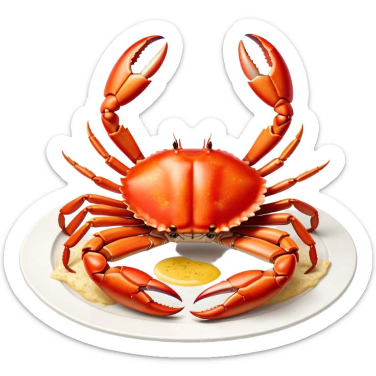 Cinematic rich crab legs, bright red shell glistening, cracked open to reveal tender white meat, warm golden highlights, detailed and delicious. sticker