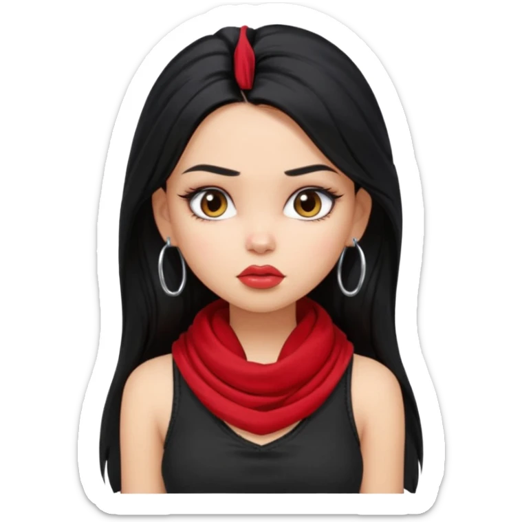 a pretty bratz girl with long black hair, kajal under eyes, small silver hoop. black tank top on. Red scarf around neck sticker
