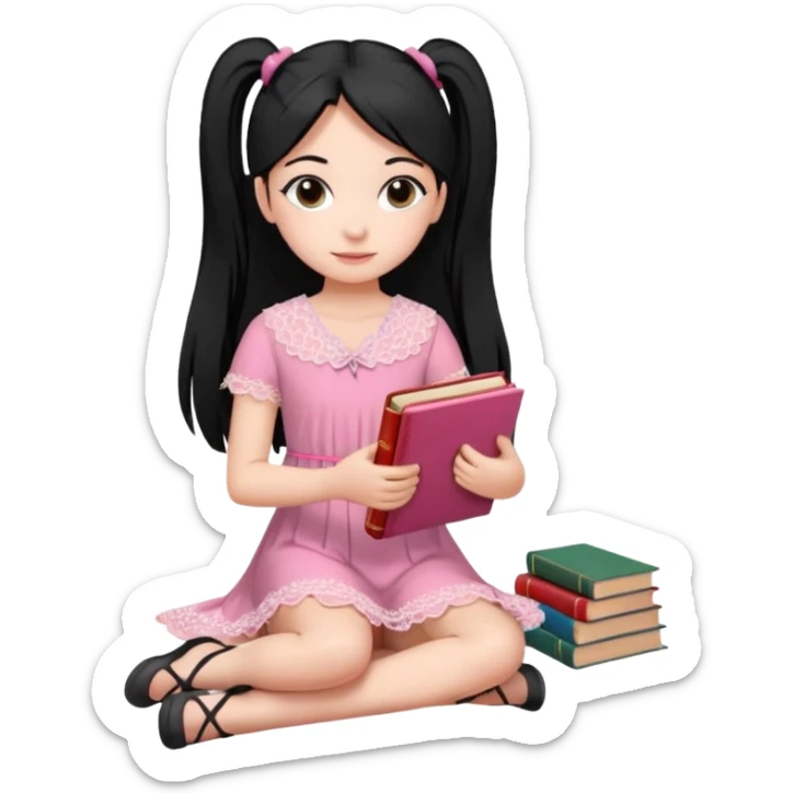 A beautiful girl, wearing a pink lace dress, her long straight black hair is tied in two ponytails, she holds books and crayons in her hands, her feet are bare, sitting on the floor with her legs crossed. sticker