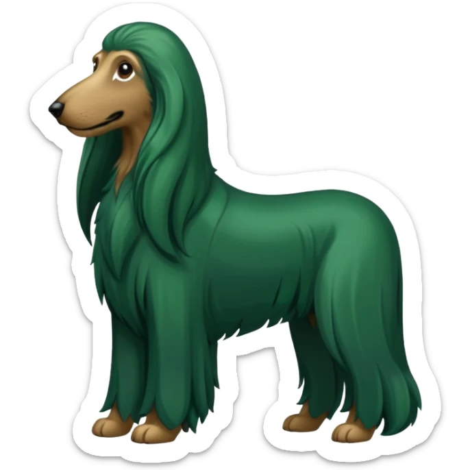 dark green dog extra furry afghan hound. The dog fur is totally dark green sticker