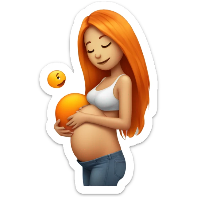 Tan girl with long orange hair holding pregnant stomach sticker