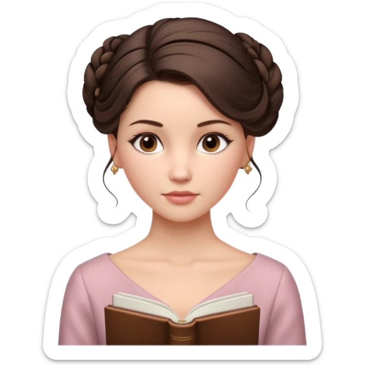 Cinematic Realistic Journal Portrait, depicted with lifelike skin texture, subtle rosy undertones, and soft natural lighting that enhances the gentle contours of her face. Her intricately detailed brunette hair is elegantly styled in an updo, sticker