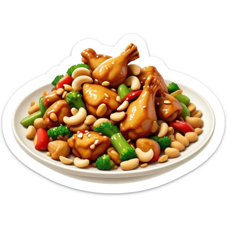 Cinematic Realistic Kung Pao Chicken Dish Emoji, showcasing spicy, stir‚Äêfried chicken with peanuts and vegetables rendered with dynamic textures and vibrant lighting. sticker