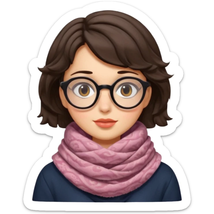 A shy brunette hair wavy short hair woman with big round glasses and thick scarf, blushing from the cold. sticker