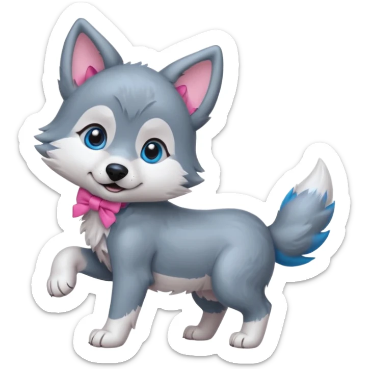 an animated gif-style sticker emote of a wolf puppy bent forward in a playful pose wagging its tail in a smooth, natural arc over its back. It has a pink bow in front of its ear and bright blue eyes sticker