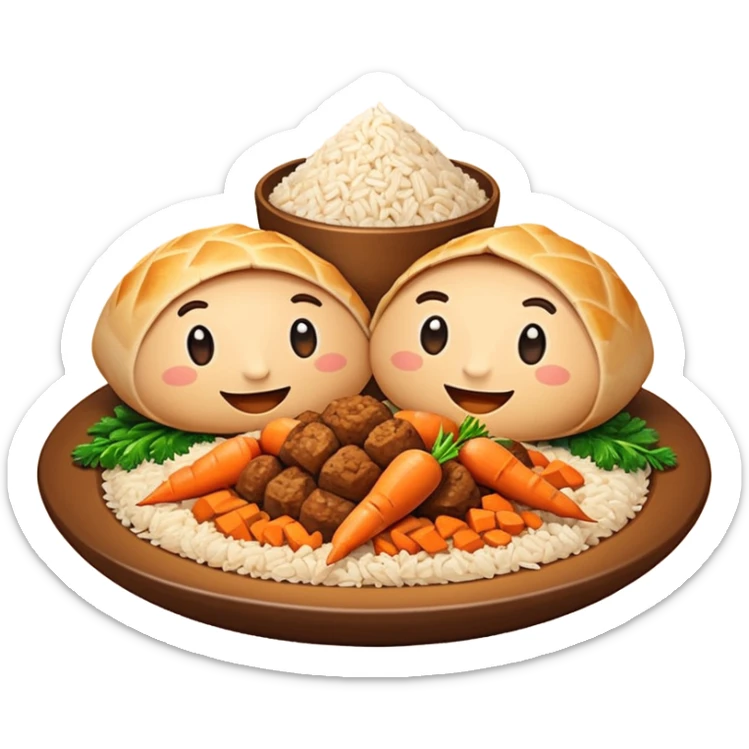 Uzbek cuisine humanless avatar in bright emoji-style illustration. Classic dishes like plov and samsa, warm golden and earthy tones, simple shapes, flat design, high contrast, friendly and appetizing. sticker