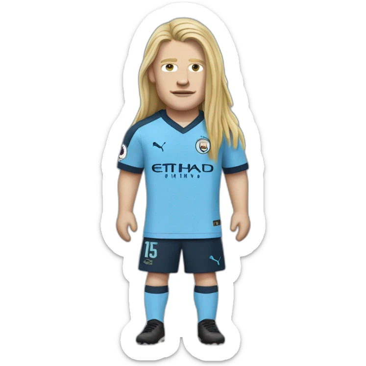 Realistic Erling Haaland has long hair, in acatogan. He is wearing Manchester City football shirt sticker