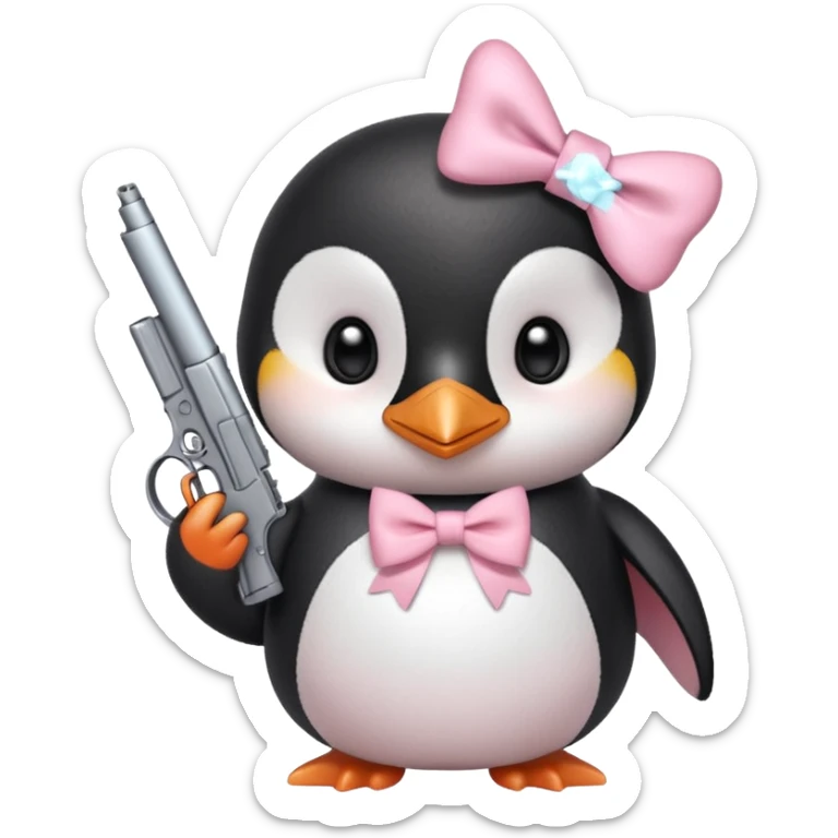 cute penguin wearing light pink bow on neck and holding light pink gun  sticker