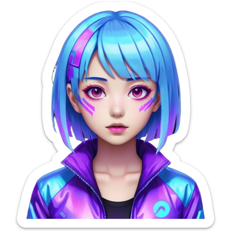 Cyberpunk Japanese girl with neon blue wig, holographic jacket, digital glitches effect, dark background with purple glow, iOS app icon style sticker