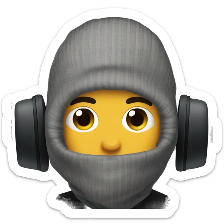 gamer with headphones and a black balaclava, there's a little bit of hair sticking out from under the balaclava. sticker