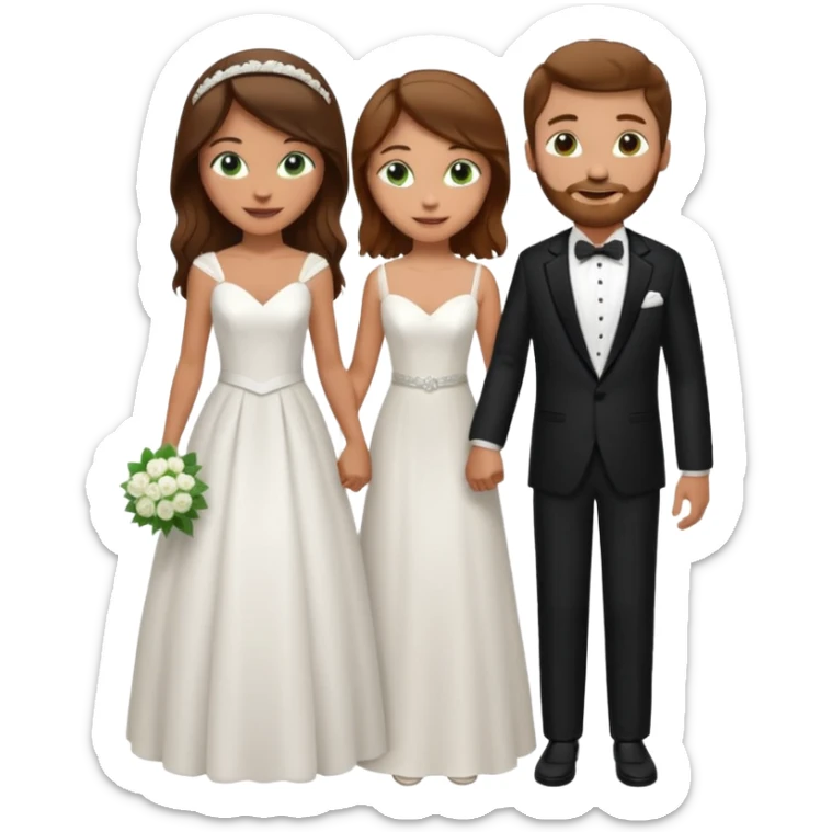 wedding couple woman with long straight brown hair and green eyes man with short light brown curly hair and facial hair with blue eyes sticker