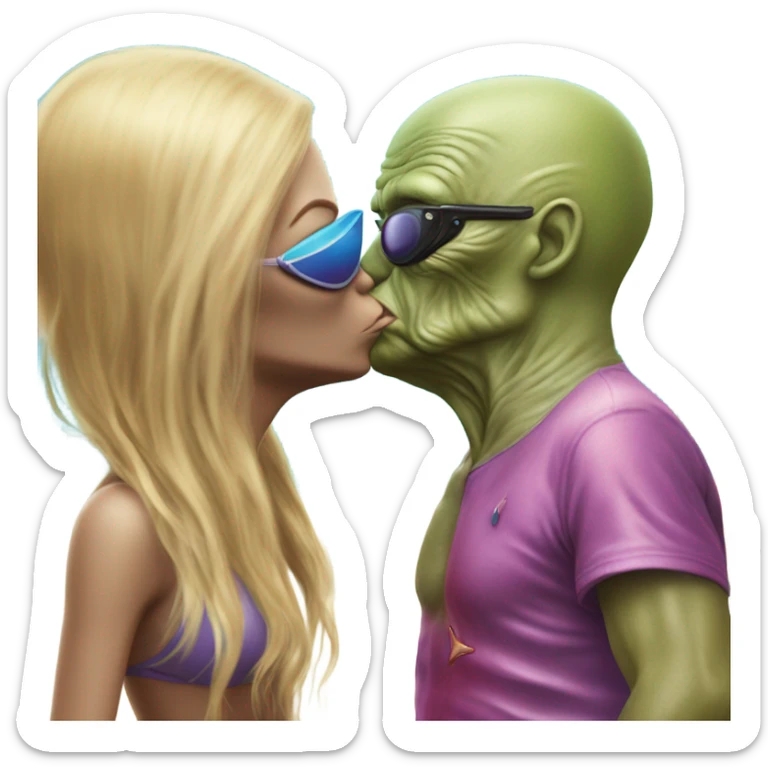 Photo realistic, Donald Trump, kissing and embracing alien woman at the beach by the pool sticker
