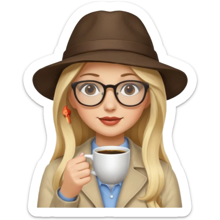 long hair blonde woman drink coffe with hat and glasses sticker