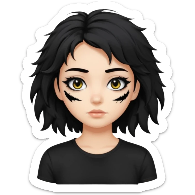a pretty bratz fair girl with messy shaggy black hair with mascara smudged wearing a tight black tee sticker