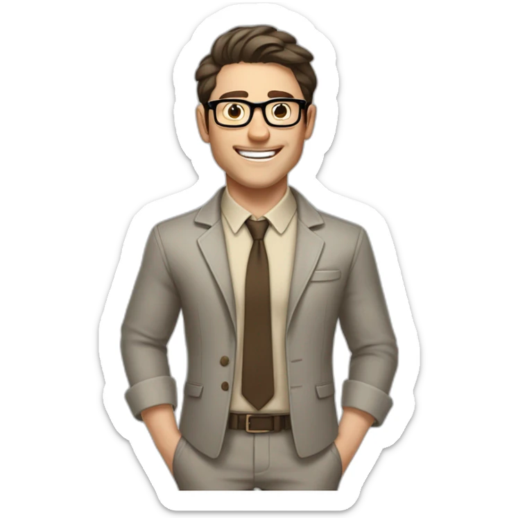 Joyful Pale skinned Fit Man With dark brown hair in gray jacket, beige office shirt, Brown pants and vintage glasses. His thrumbs up sticker
