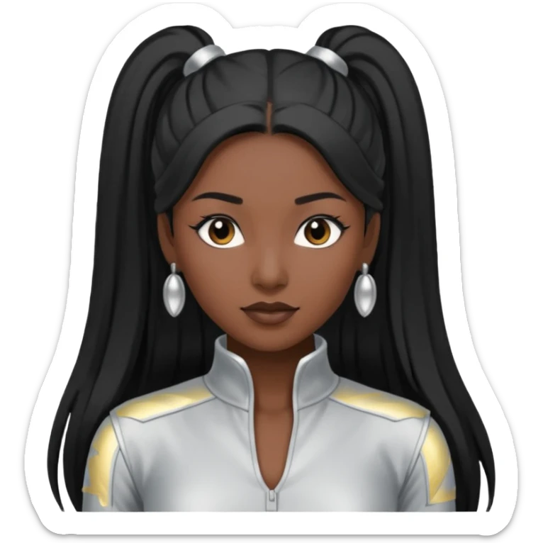 Left Eye from TLC with dark skin, long black ponytail hair, silver outfit sticker