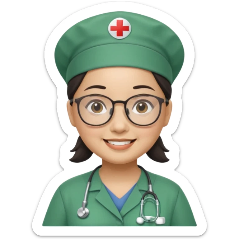 FILIPINA FEMALE NURSE, CHUBBY, NO HAIR, WITH GLASSES, GREEN SCRUBS, AND CAP, SMILING sticker