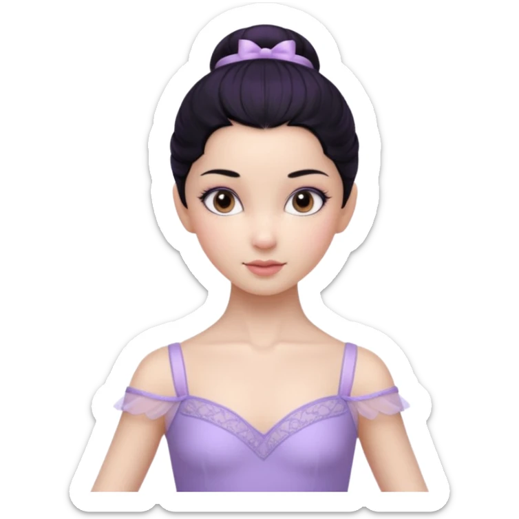 Cinematic Realistic ballerina Light Purple Portrait, depicted with lifelike skin texture, subtle rosy undertones, and soft natural lighting that enhances the gentle contours of her face. Her intricately detailed sweet black hair is elegantly styled, sticker