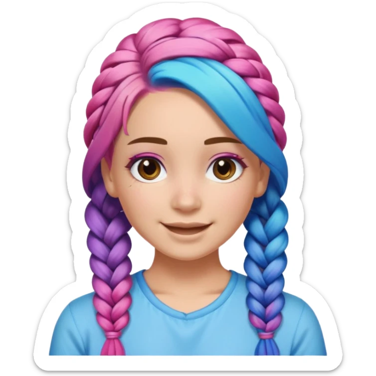 Woman with braided rainbow hair, happy — long braids fading from pink to blue sticker