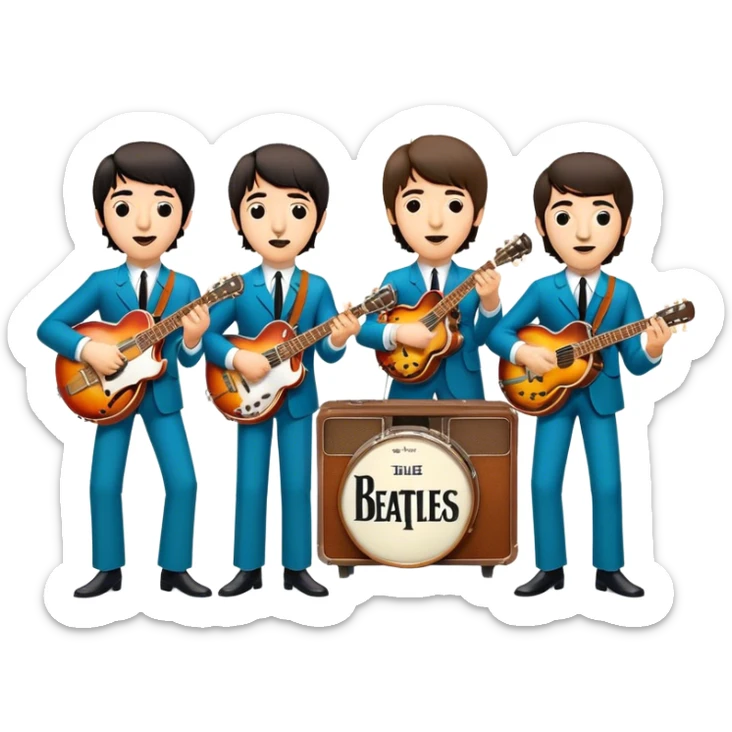 Cinematic Realistic The Beatles Group Emoji, depicted as an iconic band of four exuding playful charisma and musical genius with retro instruments and vibrant expressions, rendered with rich textures and nostalgic dynamic lighting that captures their legendary impact on pop culture. sticker