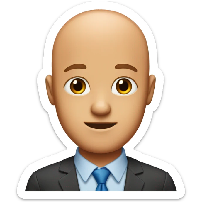 an almost bald man with orange hair on his sides, a red shirt and a blue tie sticker