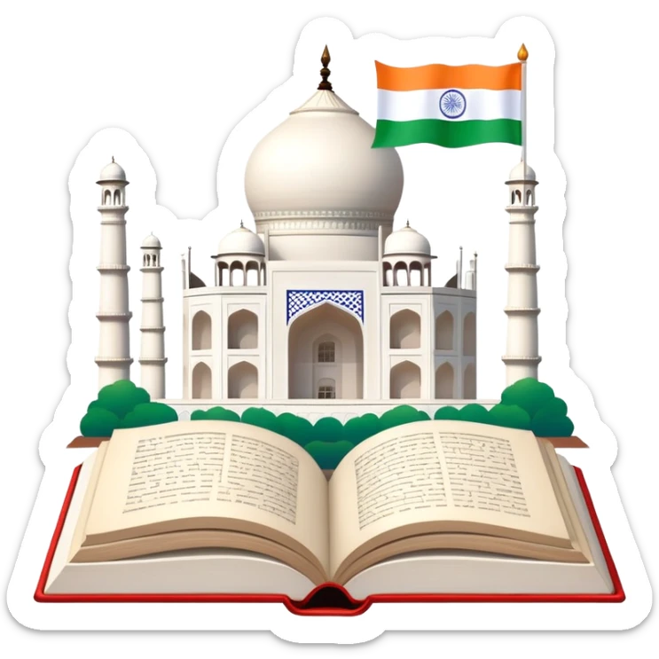 An icon featuring the Taj Mahal and the flag of India, symbolizing the Hindi language. The design includes an open book with hindi text, representing language learning and cultural richness. Transparent background highlights the heritage of India. sticker