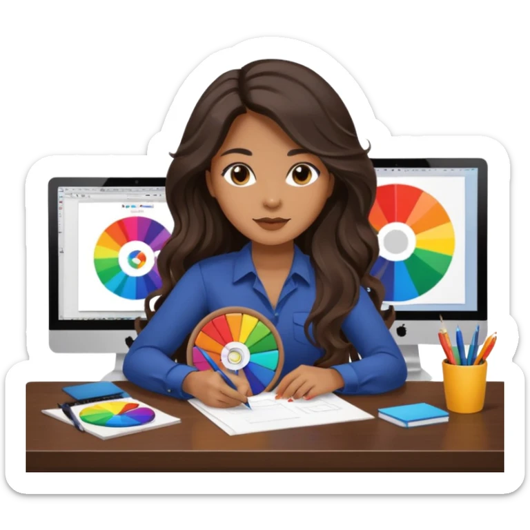 female dark wavy long hair graphic designer , holding color wheel , pens, papers, desktop sticker