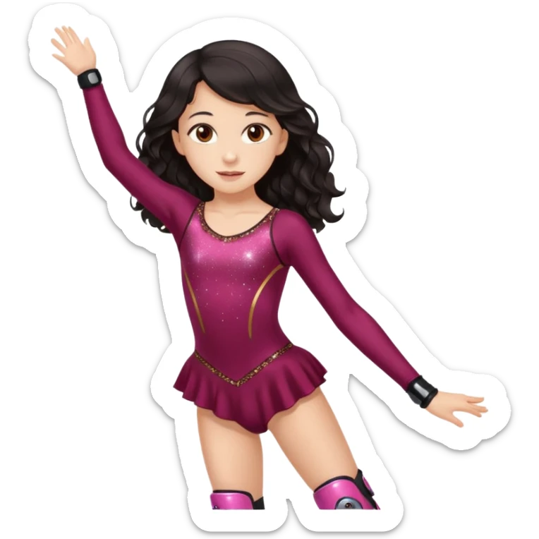 Una patinadora de 12 años y es morena de pelo y lleva un mallott granate con brillos y esta patinando con patines de ruedas en linea y su piel es clara y el pelo es largo negro ondulado sticker