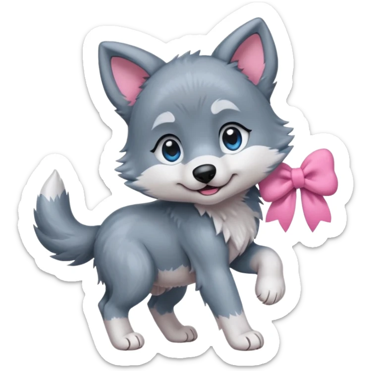 an animated gif-style sticker emote of a wolf puppy bent forward in a playful pose wagging its tail in a smooth, natural arc over its back. It has a pink bow in front of its ear and bright blue eyes sticker