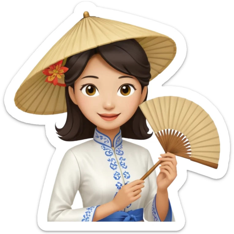a vietnamese woman wearing a white ao dai holding a folding fan elegantly, wearing a nón lá sticker