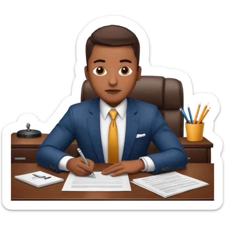 Hip hop music record company executive in office sitting at desk with contract on top of desk sticker