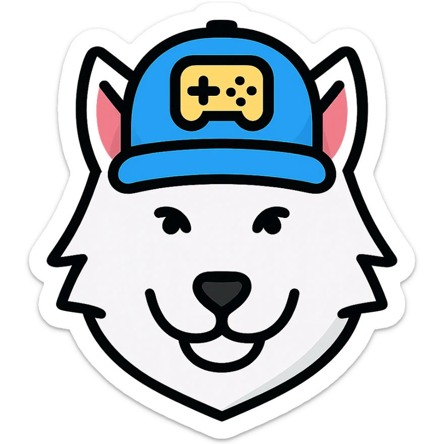 icon of a white wolf wearing a gamer hat, clean lines, simple color palette, minimal background sticker