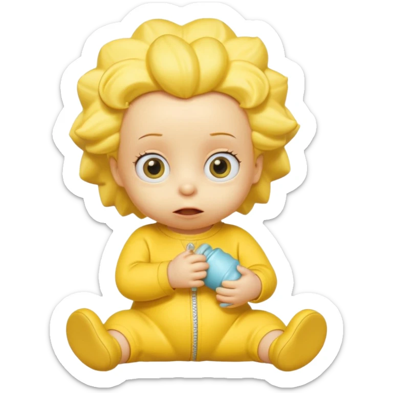 A 3D cartoon baby character entirely yellow, yellow skin, styled like Maggie Simpson, with pacifier, yellow onesie, big eyes, smooth shading, Memoji-style rendering, consistent with other yellow Simpsons characters. sticker