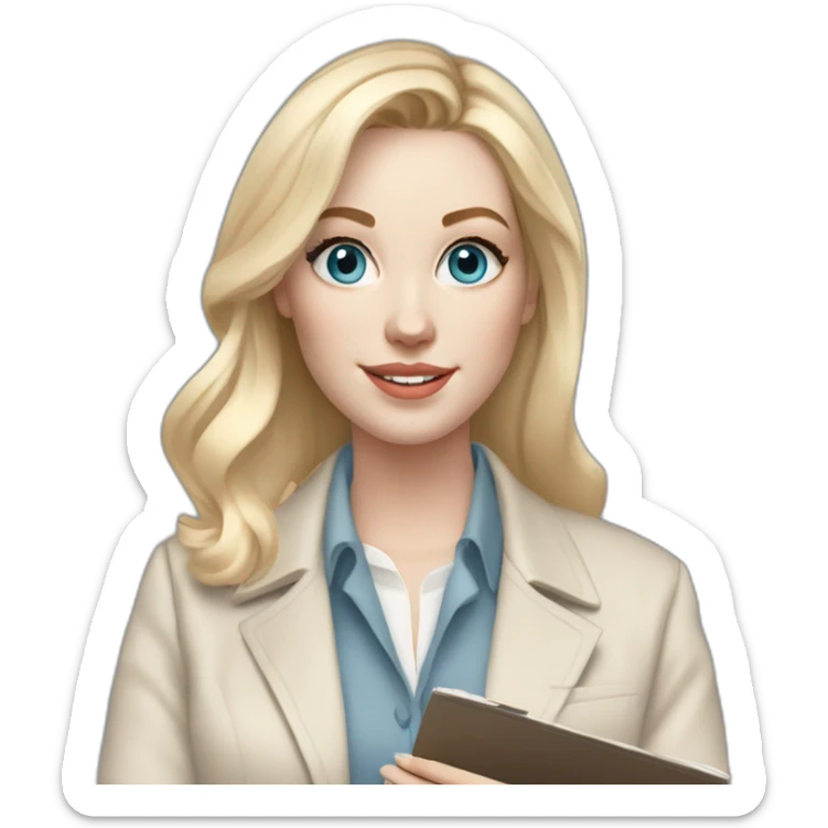 pale skin woman interior designer with cold blonde middle length hair, blue eyes, beige blouse, White oversize jacket, Gray skirt holding a color palette in the hands sticker