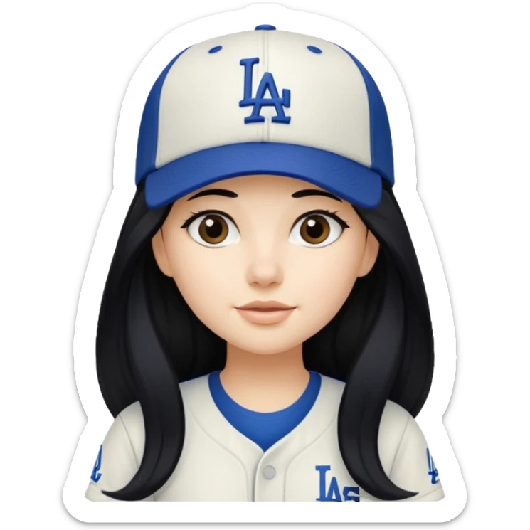Can you make an emoji of a girl with fair skin with black long hair wearing an LA dodger hat. Only include her head not body  sticker