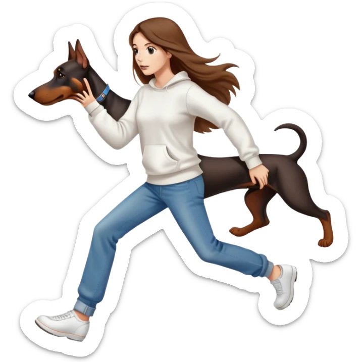 A beautiful girl with long hair wearing a white sweatshirt and jeans is chasing Doberman sticker
